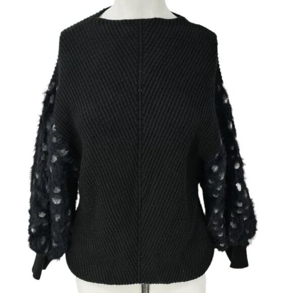 Knitted & Knotted NEW Faux Fur Sleeve Sweater Size M Black Animal Print - Picture 4 of 14